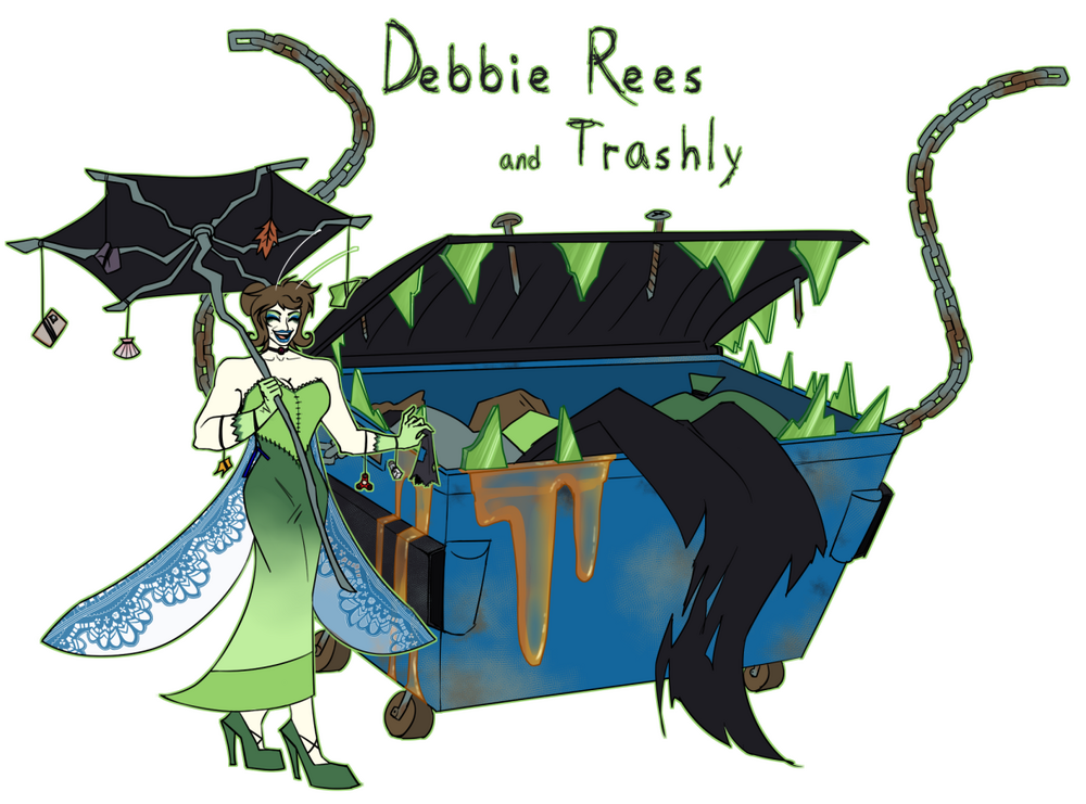Team Trash mascots: the drag queen Debbie Rees and her pet dumpster mimic Trashly