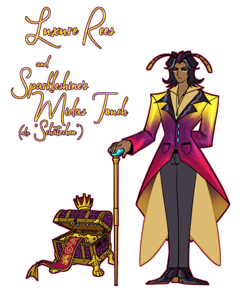 Team Treasure mascots: the drag king Luxure Reese and his pet treasure mimic, Schätzchen